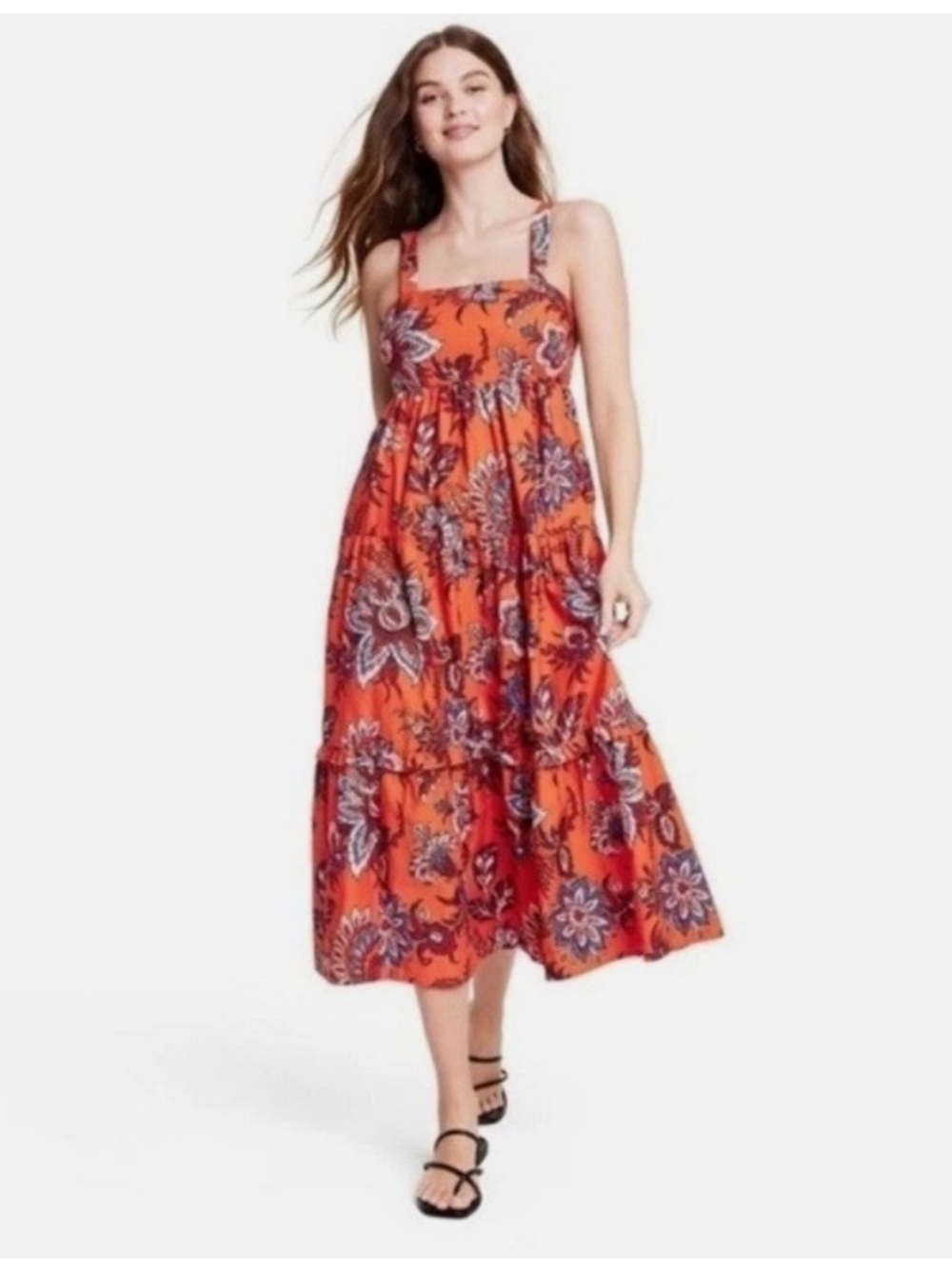 RHODE x Target Orange Floral Paisley Midi Dress with Smocked Back NWT